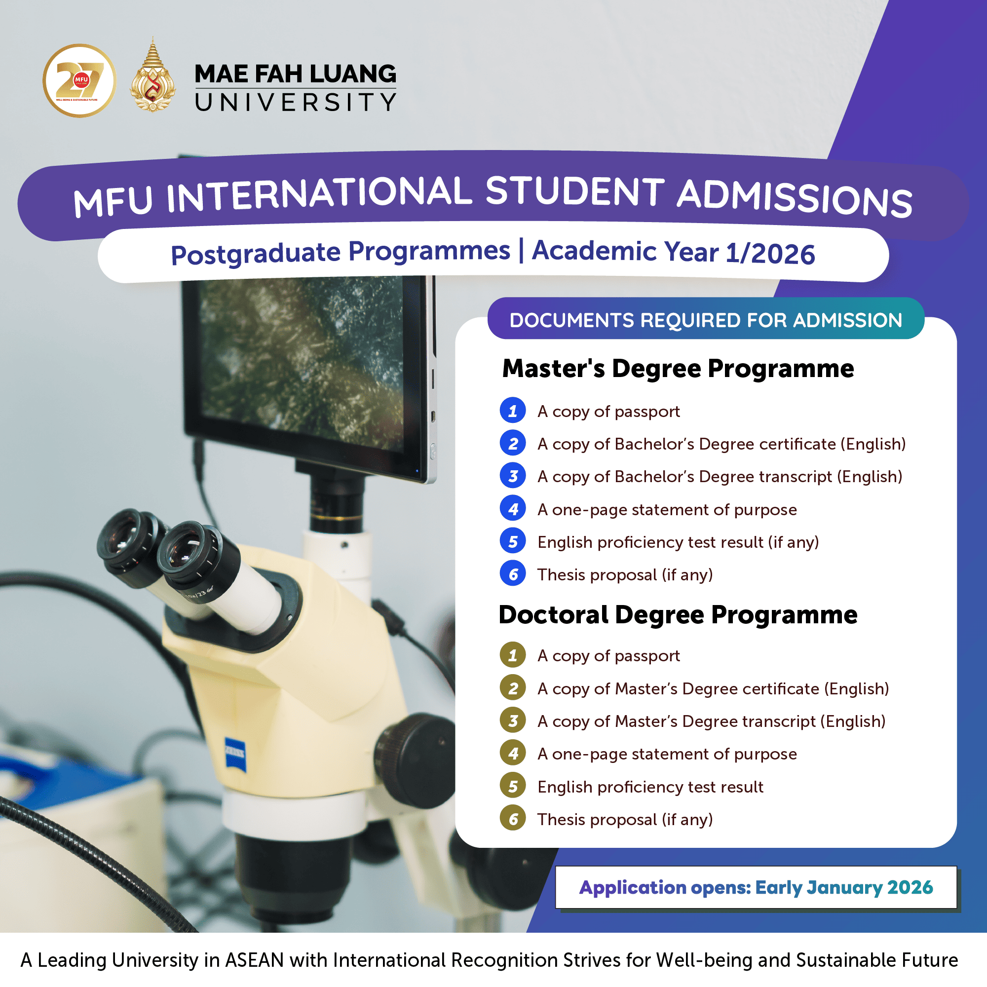 MFU 1/2026 Admission for International Students (Master's and Doctoral Degree)