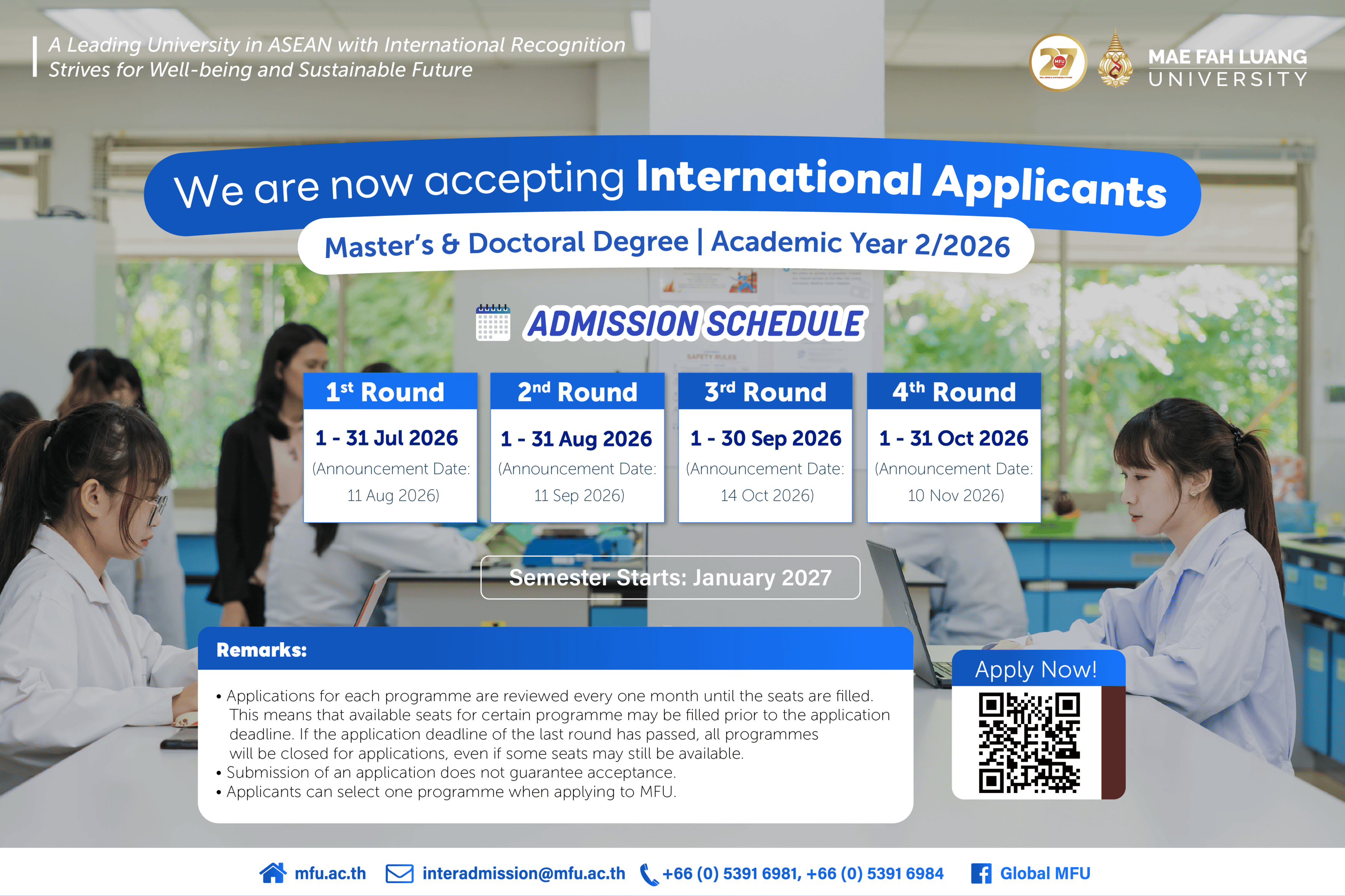 MFU 2/2026 Admission for International Students (Master's and Doctoral Degree)